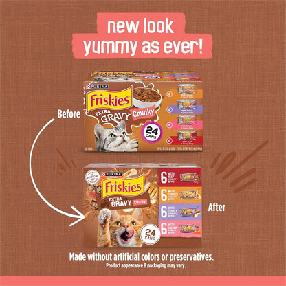 Purina Friskies Extra Gravy Wet Cat Food Chunky 24ct Variety Pack (With Chicken, Turkey, Salmon, Beef) - (Pack of 24) 5.5 oz. Cans