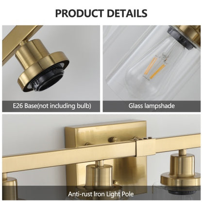 Gold 4 Lamp Vanity Light With Clear Glass Shade, Modern Iron Metal Bathroom Wall Fixture For Bathroom & Dresser - No Bulbs