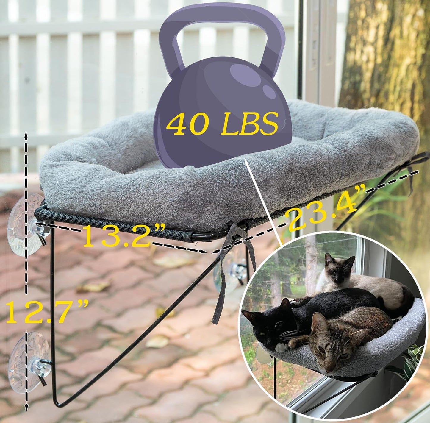 ROOVE Cat Window Perch – Luxury Ultra-Soft & Cozy Hammock for Indoor Cats and Kittens, Sturdy Metal Frame with 4 Strong Suction Cups, Comfortable Window Seat for Resting, Observing,and Lounging (Grey)