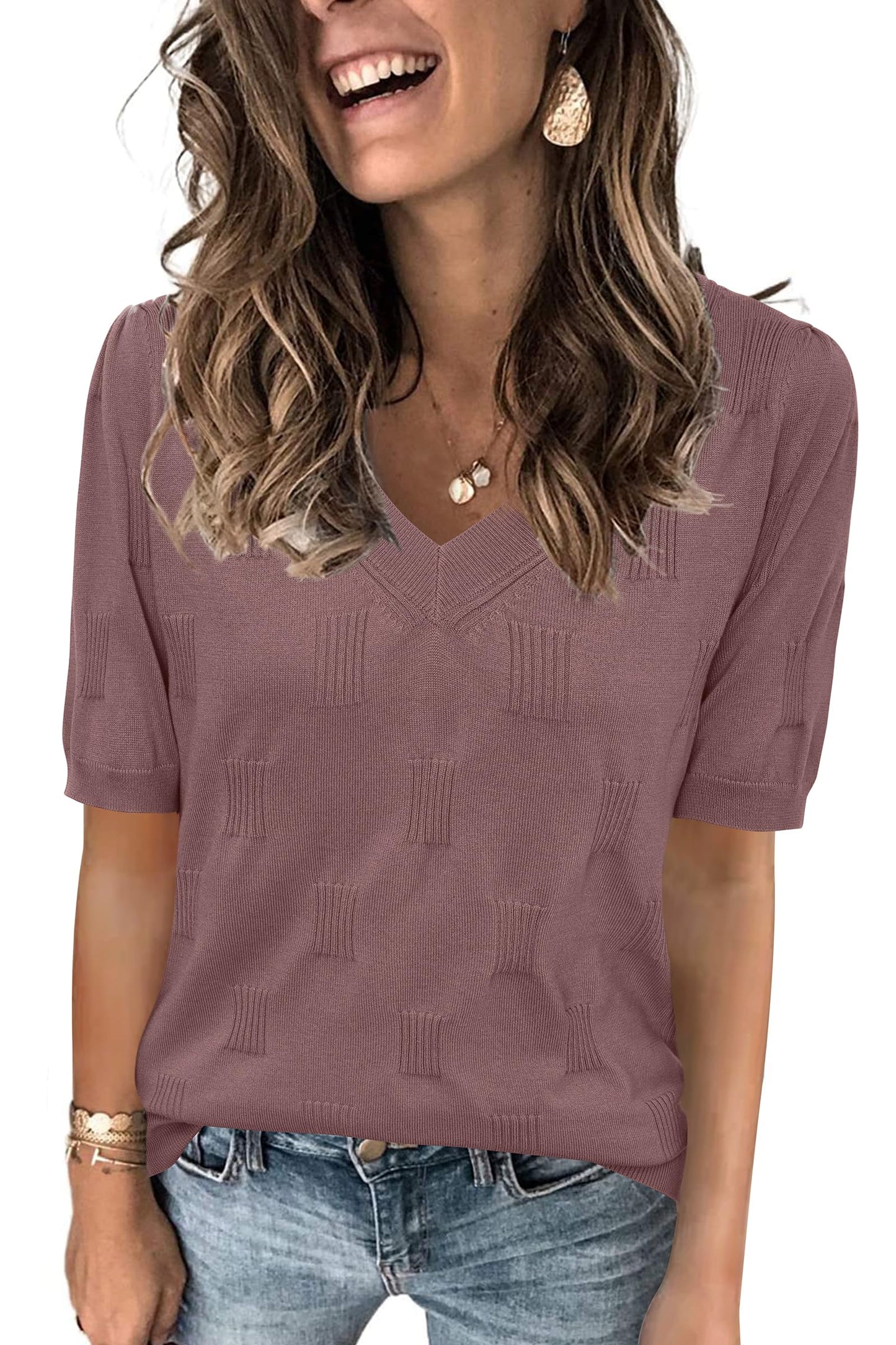 Arach&Cloz Women's Tops 2025 Spring Summer Short Sleeve Sweater Fashion Trendy Dressy Casual Outfit Versatile Knit Blouse