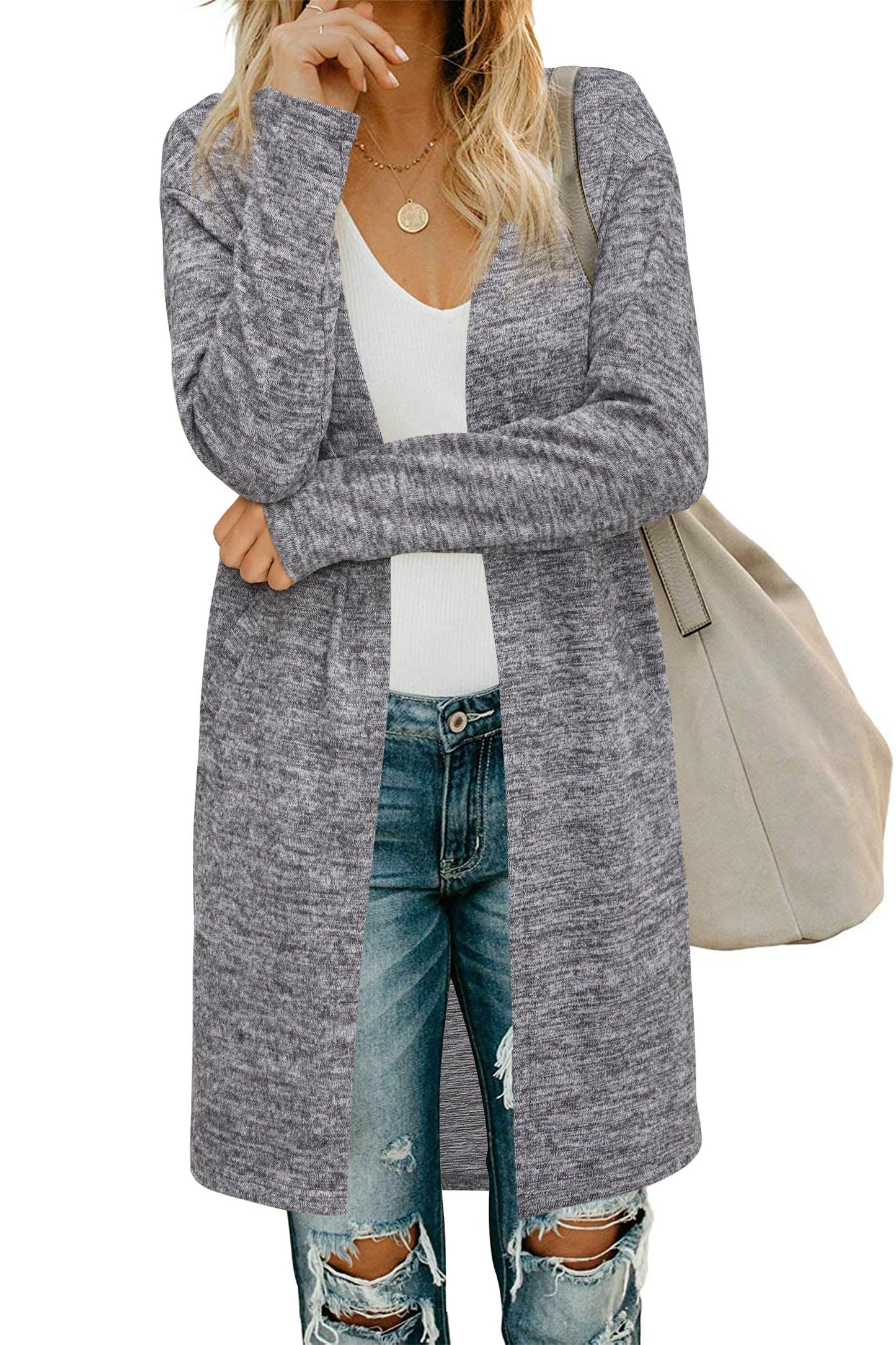 OUGES Women's Open Front Cardigan Shirt with Pockets Long Sleeve Lightweight Coat