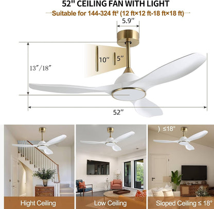52 Inch 6 Speed High CFM Quiet DC Motor Modern Ceiling Fan with Lights