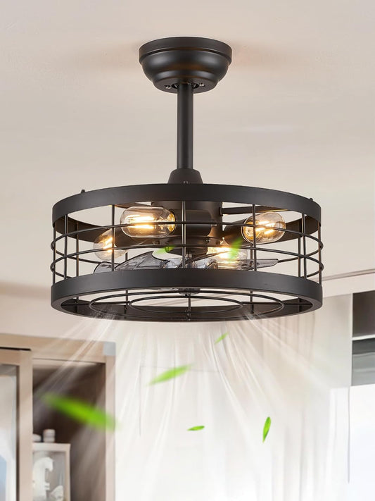 16.5 Inch Black Caged Ceiling Fan with Light, Fandelier Industrial