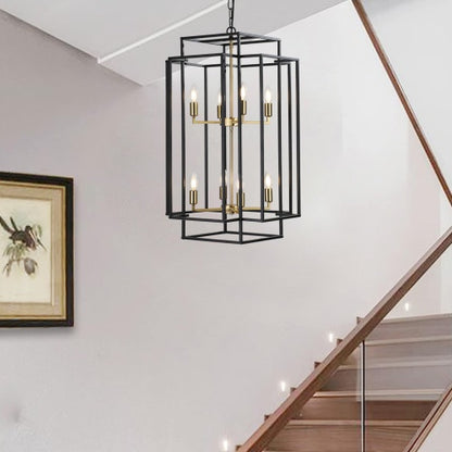 8 Lights Black & Gold Lantern Tiered Chandelier, Industrial Farmhouse Chandelier - No Bulbs