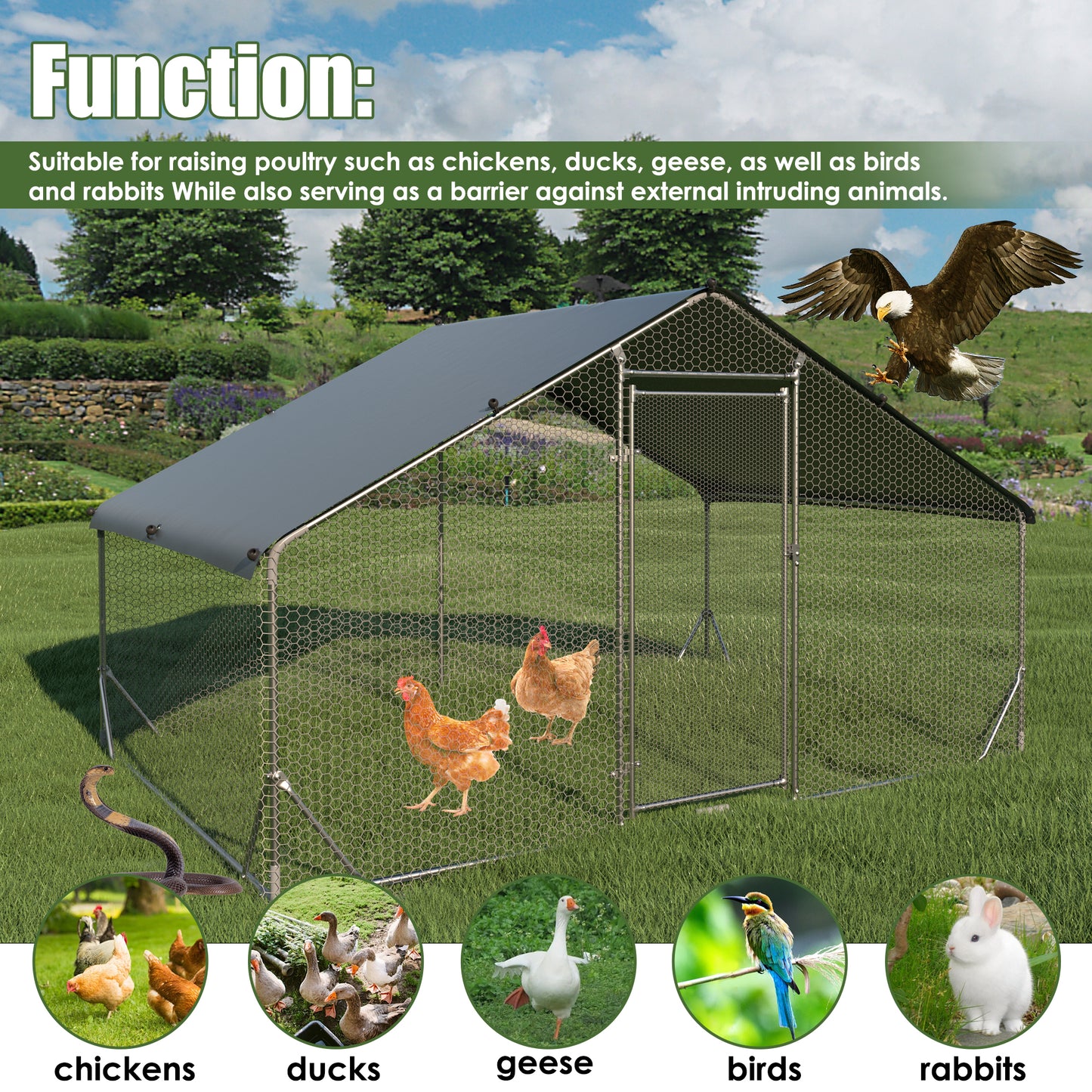 Metal chicken cage, three support steel wire impregnated mesh cage, Oxford cloth silver plated waterproof and UV resistant