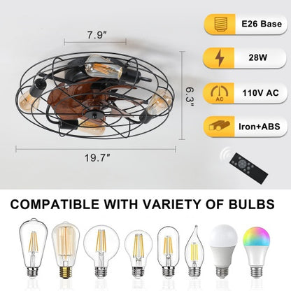 Cage Ceiling Fan With Light, 20 Inch Farmhouse Low Profile Ceiling Fan Light With Remote Control