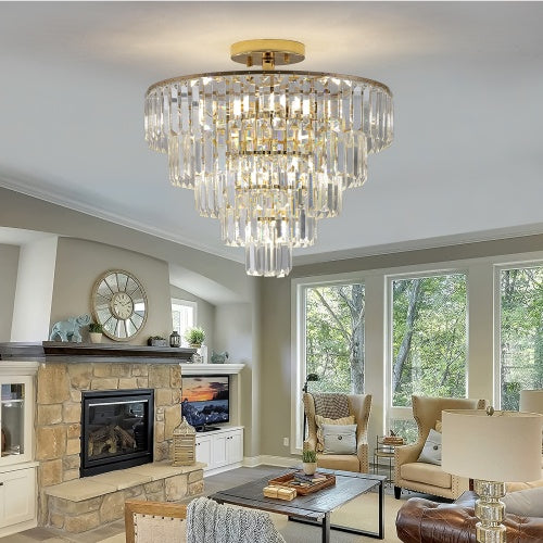 Golden Crystal Chandelier, 5-layer Round Semi-recessed Chandelier Lamp, Large Modern Luxury Chandelier, Suitable For Living Room, Dining Room, Bedroom, Corridor