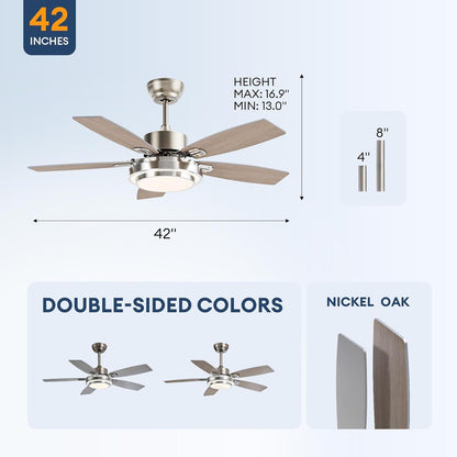 42 Inch Ceiling Fans with Lights and Remote/App Control, Modern Nickel