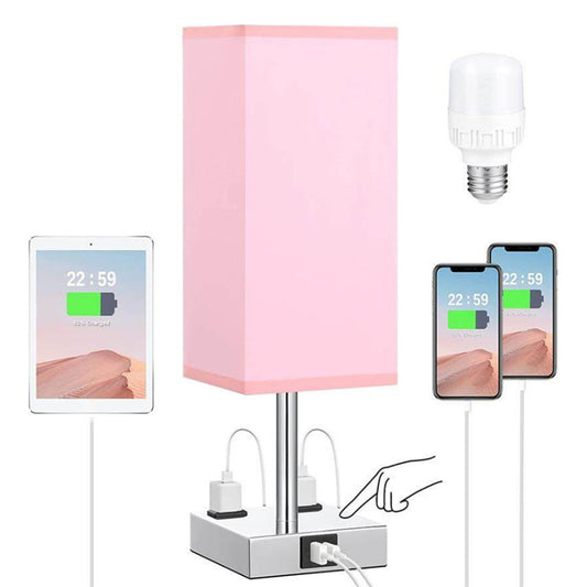 Fabric Bedside Table Lamp Nightstand Lamp with Warm White LED Bulb Desk Light Touch Control USB A Type-C Charging Ports 2 Power Sockets 3 Levels Dimmable for Living Room Bedroom Study Room Cafe Shop