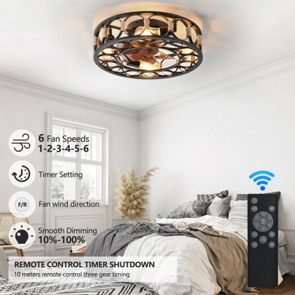 Cage Ceiling Fan With Light Remote Control, Low-profile Built-in Farmhouse Modern Ceiling Fan, 6 Speed Reversible Blades, Including 5 LED Bulbs