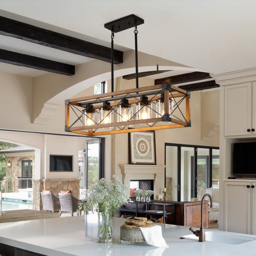 5 Lights Vintage Farmhouse Chandelier For Kitchen, Living Room, Dining Room Walnut - No Bulbs