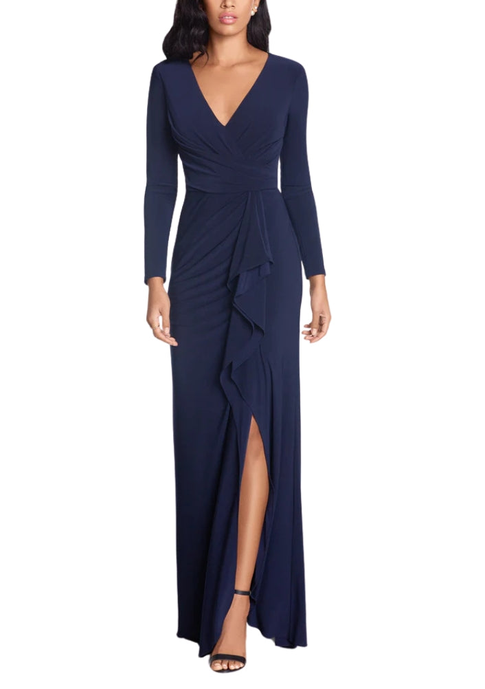Betsy and Adam Elle Deep V-Neckline Long Sleeves High Ruffled Side Slit Gown Dress-2