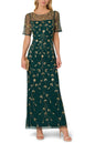 Adrianna Papell Bead Sheer Mesh Floral Motif Overlay Illusion Boat Neckline Short Sleeves V-Back Zipper Closure Hem Back Slit Sheath Maxi Dress-0