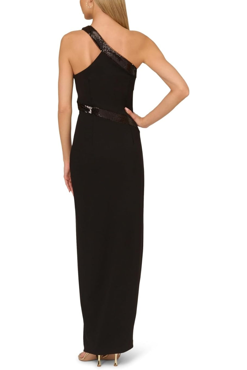 Adrianna Papell Asymmetric One-Shoulder Embellished Sequin Trim Side-Zip Closure Crepe Gown Dress-1