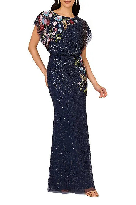 Adrianna Papell Floral Beaded Boat Neckline Sheer Short Dolman Sleeves Blouson Bodice Mermaid Gown Dress-0