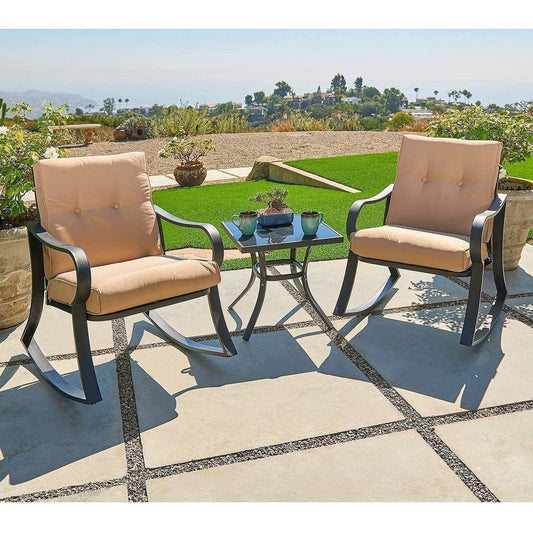 3-Piece Outdoor Patio Furniture Table Rocking Chairs Set with Beige Cushions-0