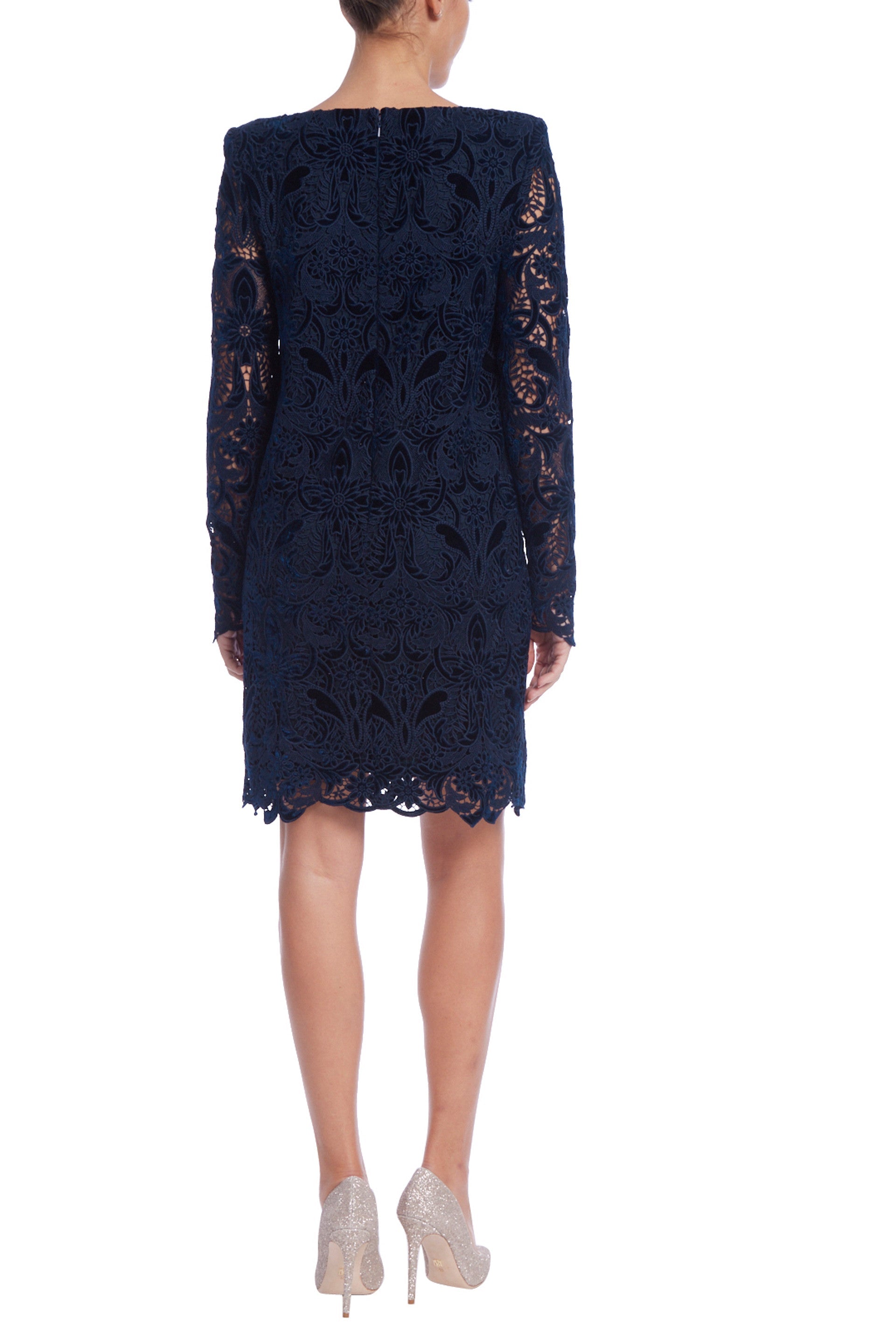 Badgley Mischka Boat Neckline Semi-Sheer Lace Long Sleeves Chic Silhouette Chemise Scalloped Trim Dress-2