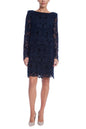 Badgley Mischka Boat Neckline Semi-Sheer Lace Long Sleeves Chic Silhouette Chemise Scalloped Trim Dress-0
