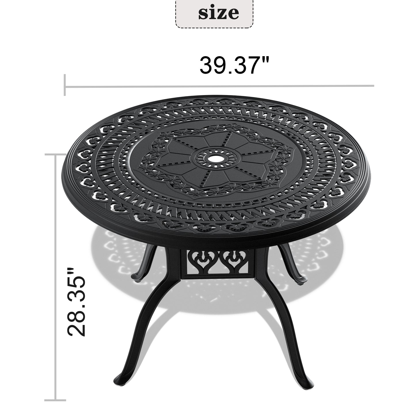 40-inch Cast Aluminum Patio Dining Table With Black Frame and Umbrella Hole