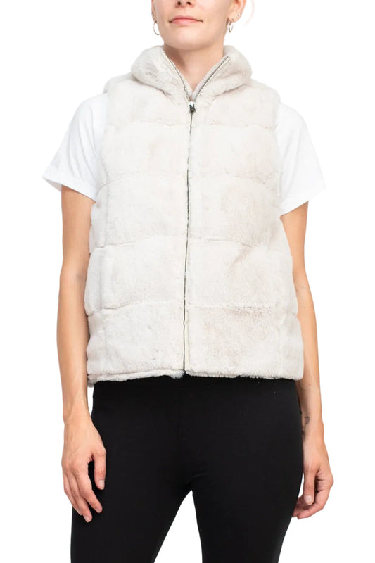Carmen Marc Valvo High Neckline Sleeveless Zipper Closure Side Pocket Plush Faux Fur Quilted Puffer Vest Jacket-0