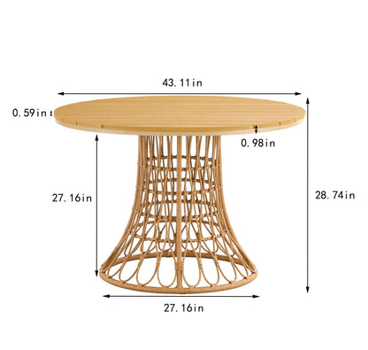 Outdoor dining set of 5 simple bamboo dinning table  PE ratten round table 110CM plastic wood top