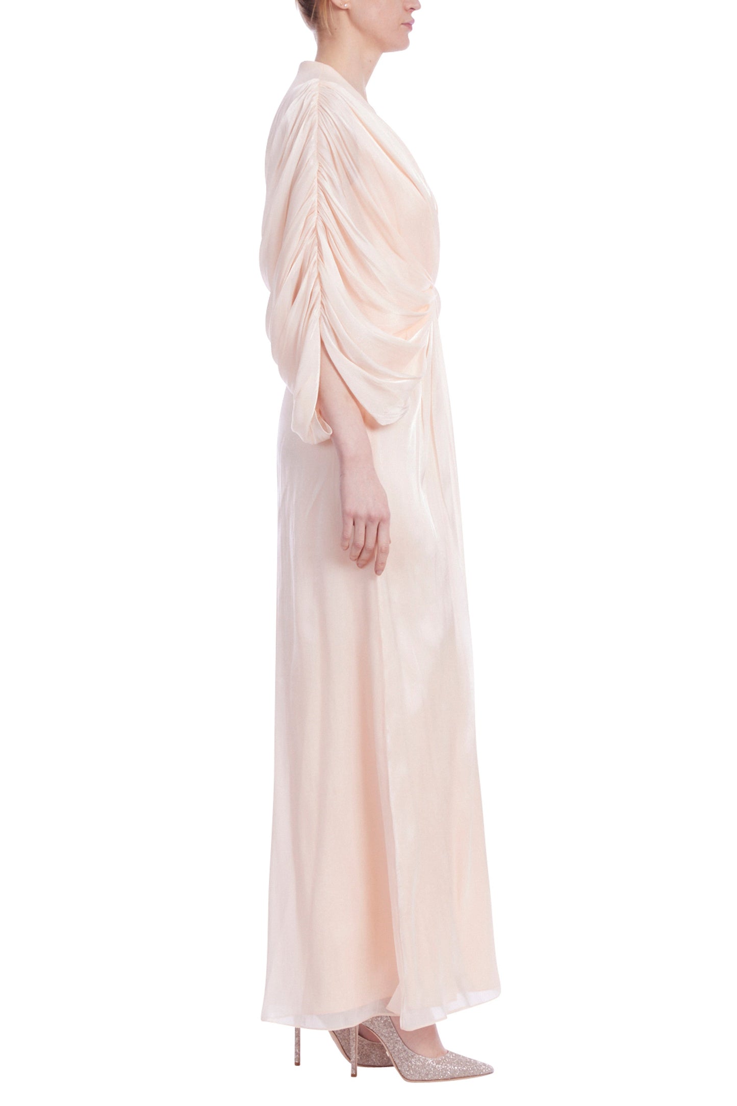 Badgley Mischka Deep V-Wrap Neckline Dolman Sleeves Twisted-Knot Waist Chiffon Bodice Column Maxi Gown Dress-2