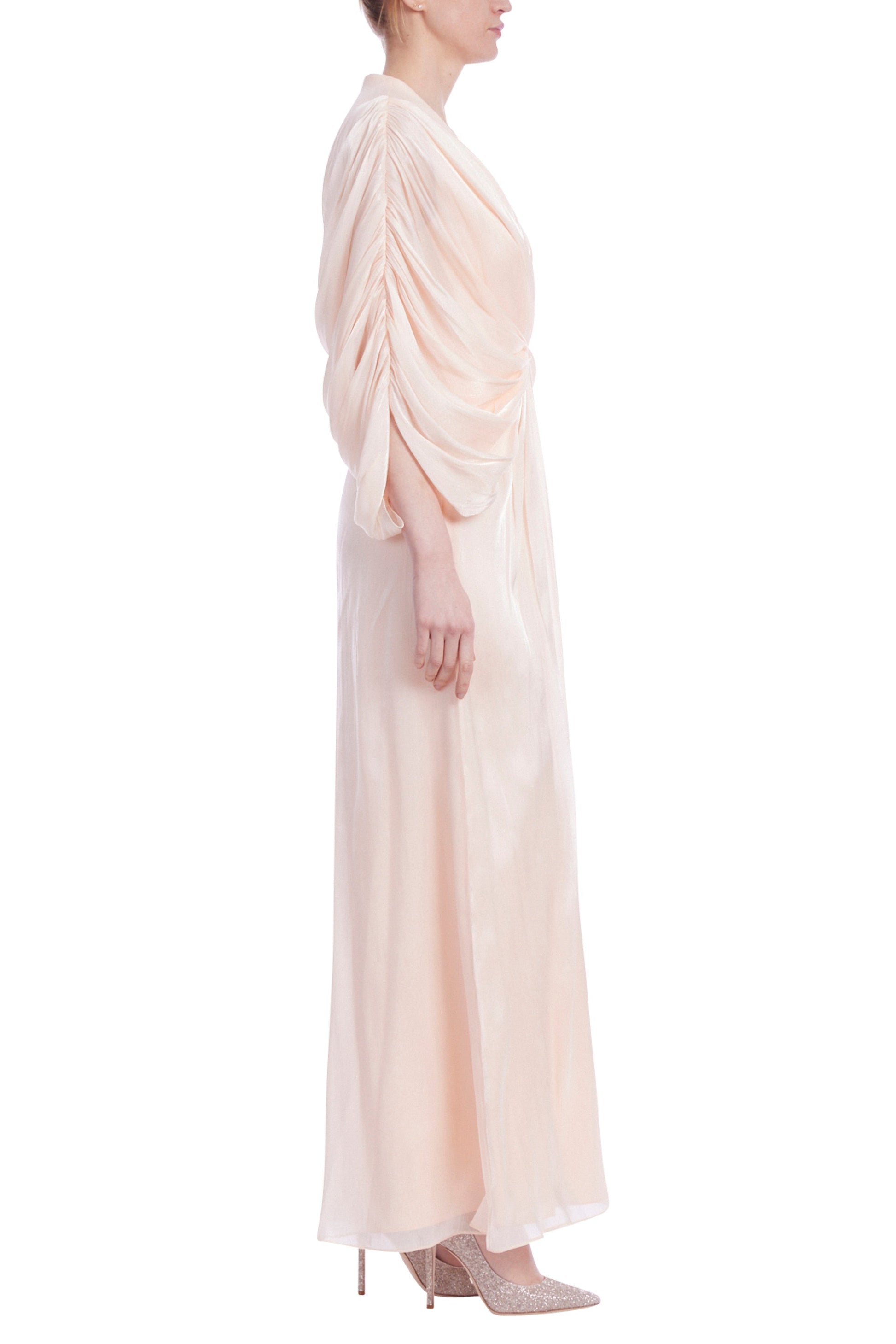 Badgley Mischka Deep V-Wrap Neckline Dolman Sleeves Twisted-Knot Waist Chiffon Bodice Column Maxi Gown Dress-2