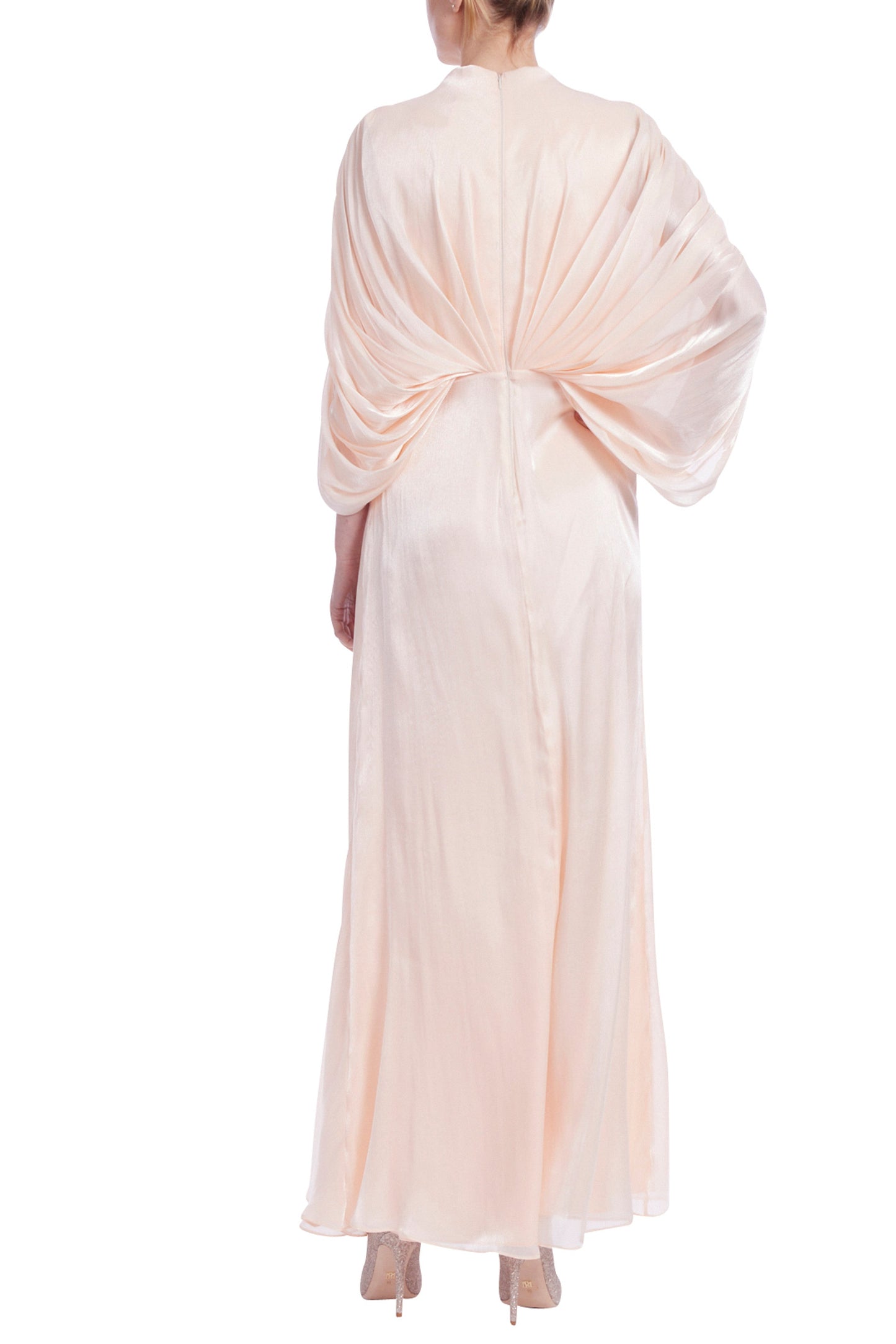 Badgley Mischka Deep V-Wrap Neckline Dolman Sleeves Twisted-Knot Waist Chiffon Bodice Column Maxi Gown Dress-1