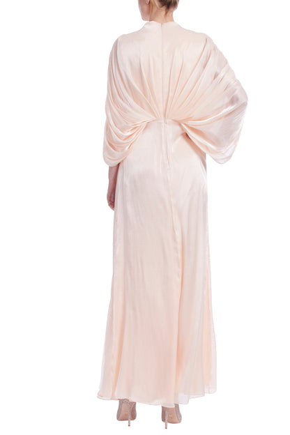 Badgley Mischka Deep V-Wrap Neckline Dolman Sleeves Twisted-Knot Waist Chiffon Bodice Column Maxi Gown Dress-1