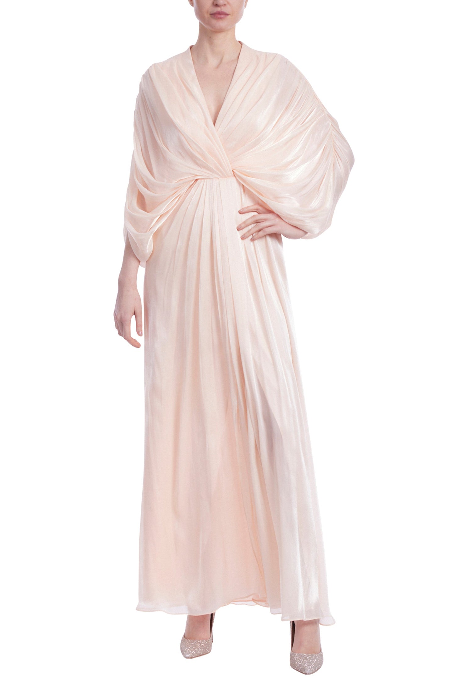 Badgley Mischka Deep V-Wrap Neckline Dolman Sleeves Twisted-Knot Waist Chiffon Bodice Column Maxi Gown Dress-0