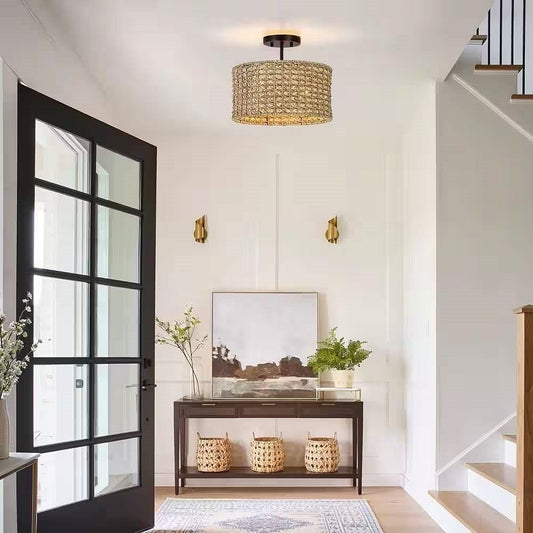 Bohemian 13.6-inch Round Rattan Drum 2-Light Ceiling Light - Semi-Flush Mount-0