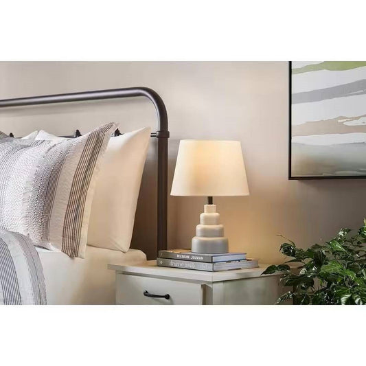 Small Grey Desk Light Table Lamp with White Fabric Shade for Bedside Nightstand-0