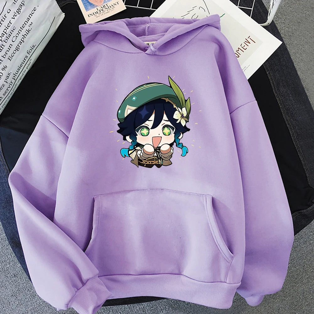 Genshin Impact Hoodie Venti Printed Graphic Harajuku Sweatshirts Casual Loose Hooded Clothes Long Sleeve Tops Women Streetwear