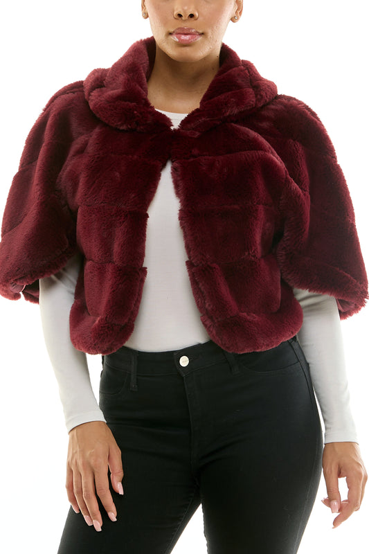 Nina Leonard Deep Wine Funnel Shawl Collar Hook-And-Eye Closure Voluminous Plush Faux Fur Cropped Bolero Capelet Jacket-0