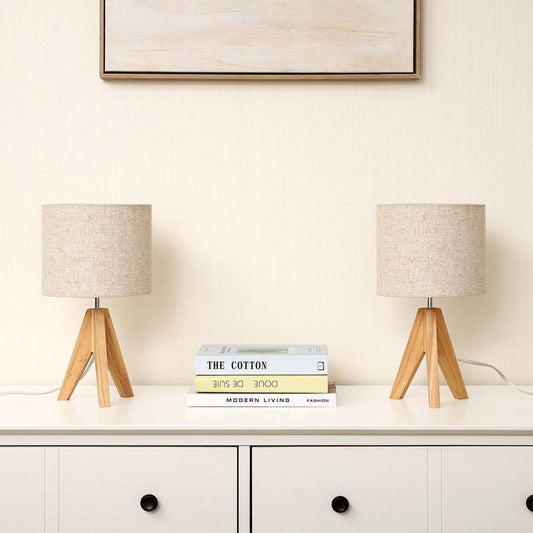 Set of 2 - Solid Wood Tripod Table Lamp with Beige Linen Drum Shade-0