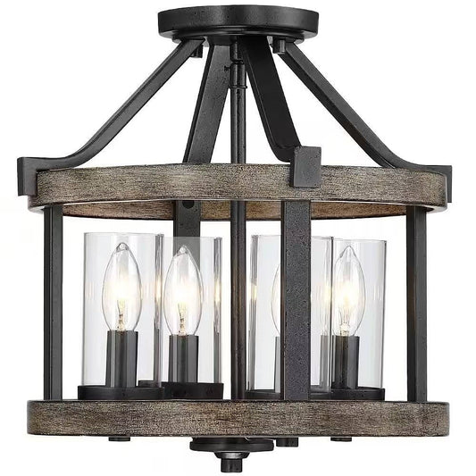 Round 4-Light 12.5-inch Metal Wood Farmhouse Ceiling Lamp - Semi-Flush Mount-0