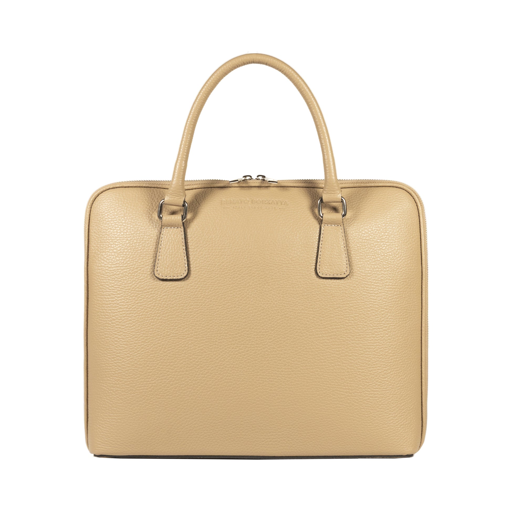 RB1019AQ | Cartella Business Unisex in Vera Pelle Made in Italy con tracolla removibile. Attacchi con moschettoni in metallo Nickel Lucido - Colore Taupe - Dimensioni: cm 37 x 29 x 6,5-1