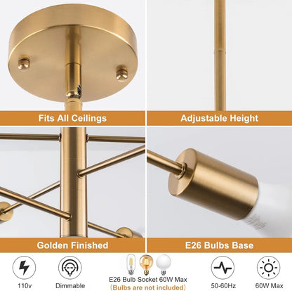 Sputnik Chandelier,Gold Modern Industrial Chandeliers 6-Light,Mid Century Ceiling Lighting Fixture for Living Room,Kitchen