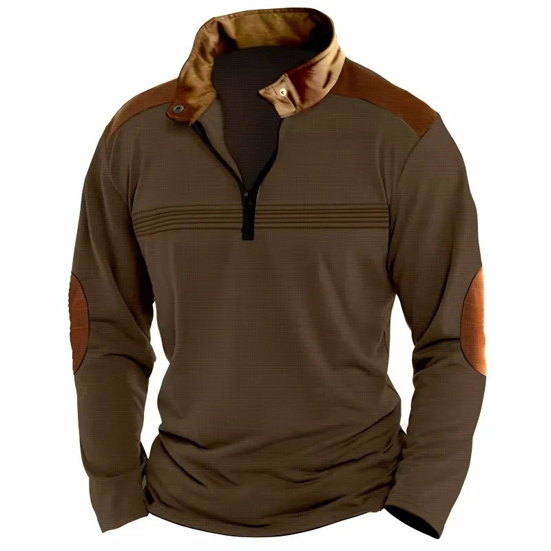 Autumn/Winter Fashion Everyday Casual Solid Color Zipper Chest Pleated Stripe Patchwork Comfortable Long-Sleeved POLO Shirt