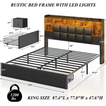 King Size Bed Frame with Bookshelf PU Leather Headboard, 2 Hidden Storage Drawers,Upholstered Platform Bed with Charging Station