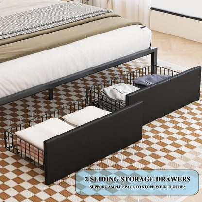 King Size Bed Frame with Bookshelf PU Leather Headboard, 2 Hidden Storage Drawers,Upholstered Platform Bed with Charging Station