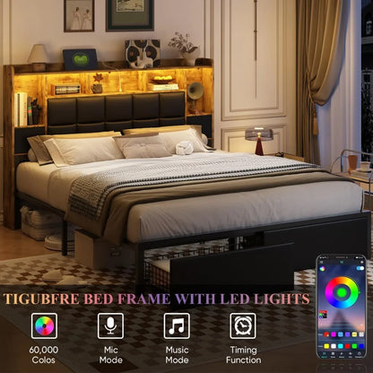 King Size Bed Frame with Bookshelf PU Leather Headboard, 2 Hidden Storage Drawers,Upholstered Platform Bed with Charging Station