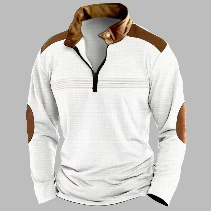 Autumn/Winter Fashion Everyday Casual Solid Color Zipper Chest Pleated Stripe Patchwork Comfortable Long-Sleeved POLO Shirt