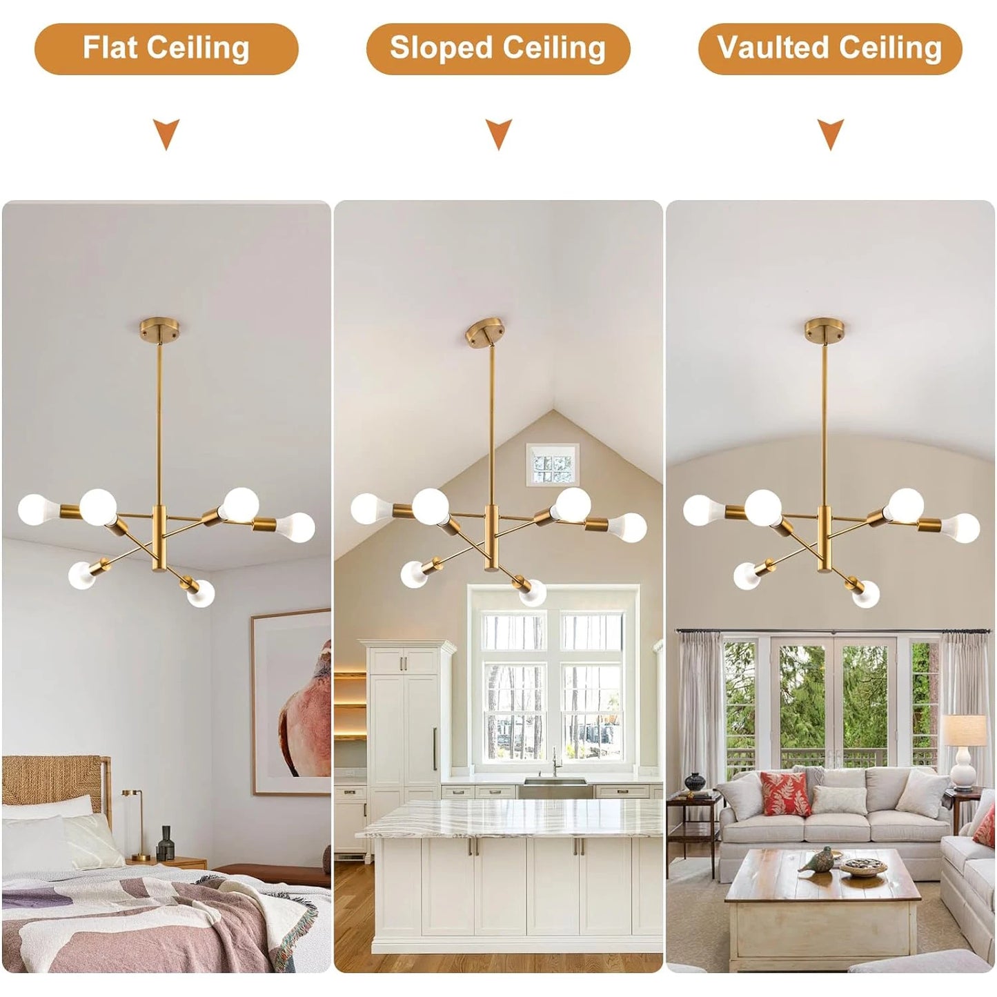 Sputnik Chandelier,Gold Modern Industrial Chandeliers 6-Light,Mid Century Ceiling Lighting Fixture for Living Room,Kitchen