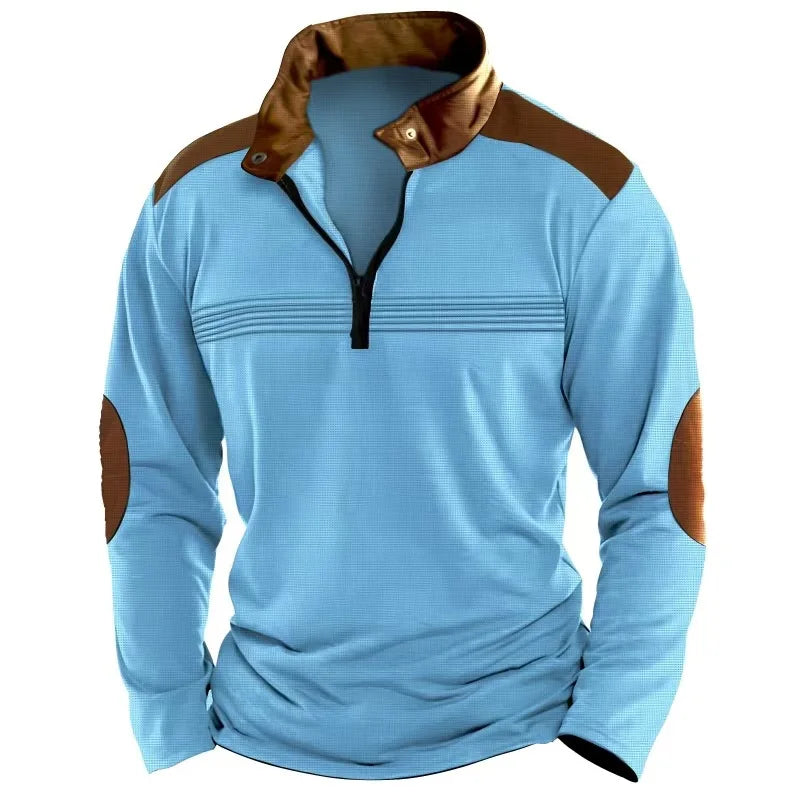 Autumn/Winter Fashion Everyday Casual Solid Color Zipper Chest Pleated Stripe Patchwork Comfortable Long-Sleeved POLO Shirt