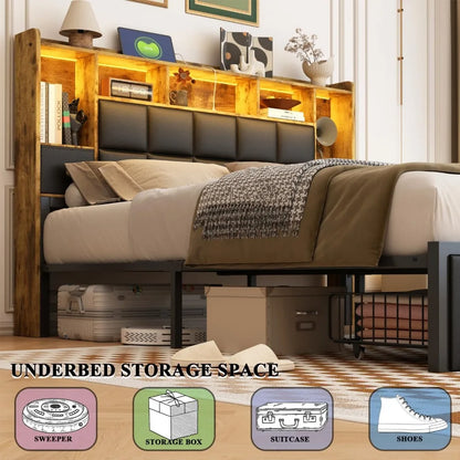 King Size Bed Frame with Bookshelf PU Leather Headboard, 2 Hidden Storage Drawers,Upholstered Platform Bed with Charging Station