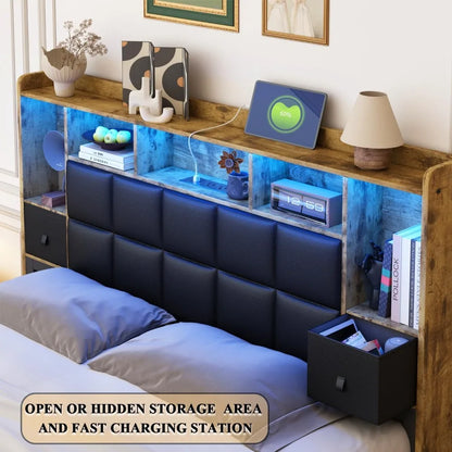 King Size Bed Frame with Bookshelf PU Leather Headboard, 2 Hidden Storage Drawers,Upholstered Platform Bed with Charging Station