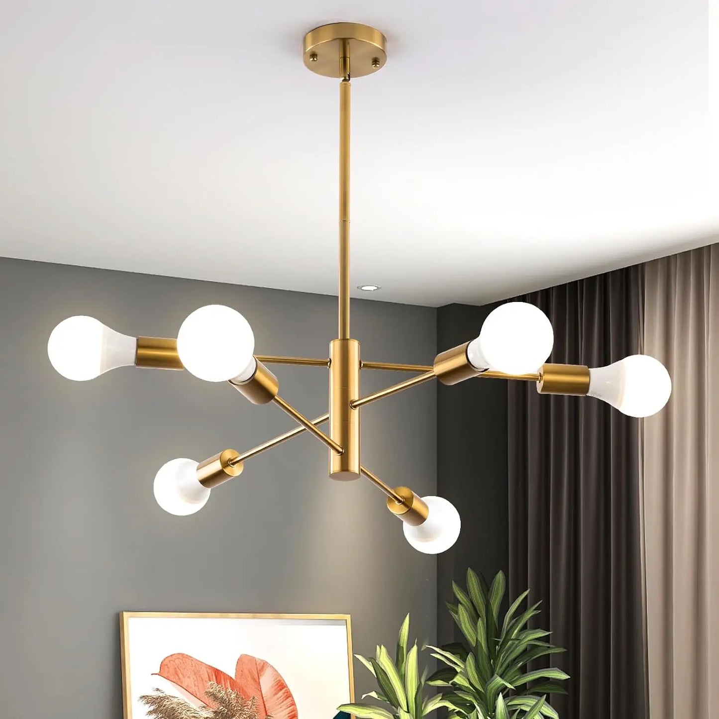 Sputnik Chandelier,Gold Modern Industrial Chandeliers 6-Light,Mid Century Ceiling Lighting Fixture for Living Room,Kitchen