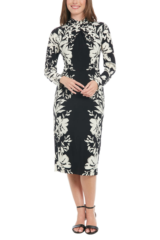 London Times Floral High Mock Crossover Neckline Long Elasticated Cuffs Sleeves Zipper Closure Sheer Overlay Flounce Hemline Fit Sheath Midi Dress-0