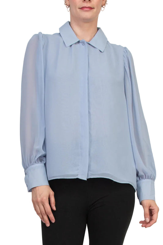 Tahari Pointed Collar Front Button Closure Puff Cuffed Long Sleeves Shirt